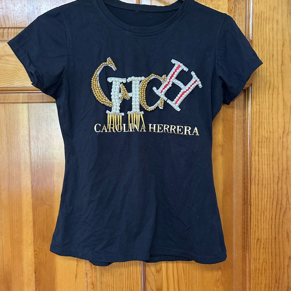 "Carolina Herrera" Novelty Black Tee with Embellished Logo Fits Small